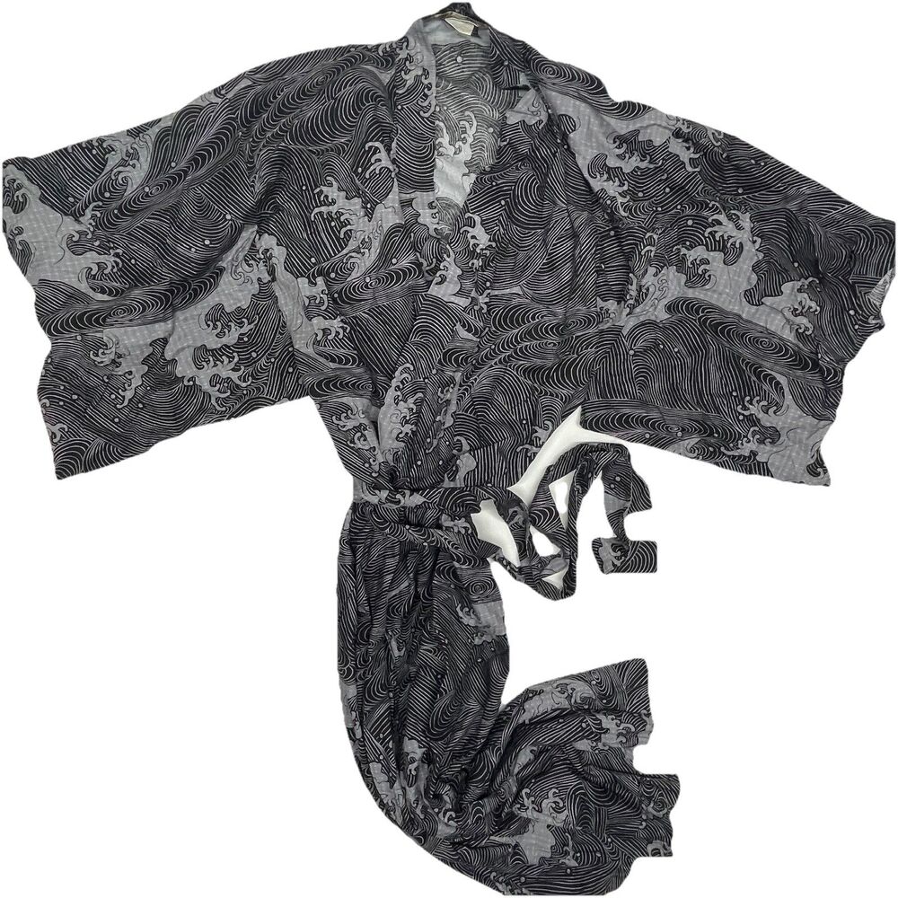 Mitsukoshi Men's Robe Housecoat Kyoto Sen'i 56" Grey/Light Purple & Black Cotton